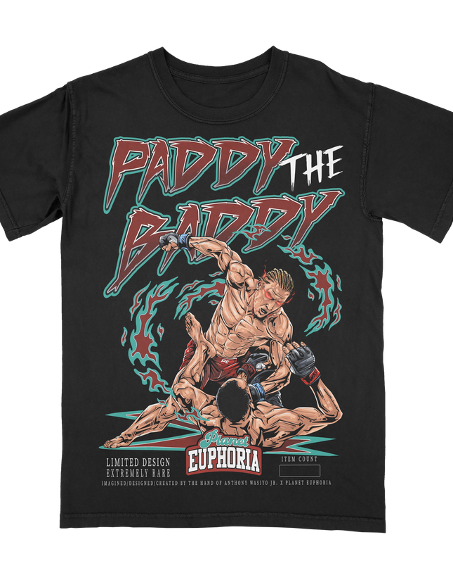 Paddy Pimblet 'Paddy The Baddy' UFC graphic tee y Planet Euphoria in black, front view.