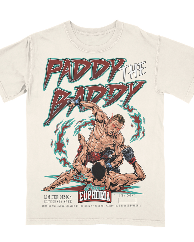 Paddy Pimblet 'Paddy The Baddy' UFC graphic tee y Planet Euphoria in off-white, front view.