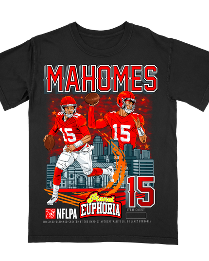 Patrick Mahomes Kansas City NFL graphic tee version 3 by Planet Euphoria in black, front view.