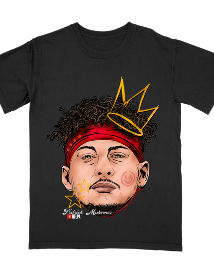 Patrick Mahomes Fat Head graphic tee by Planet Euphoria in black, front view.