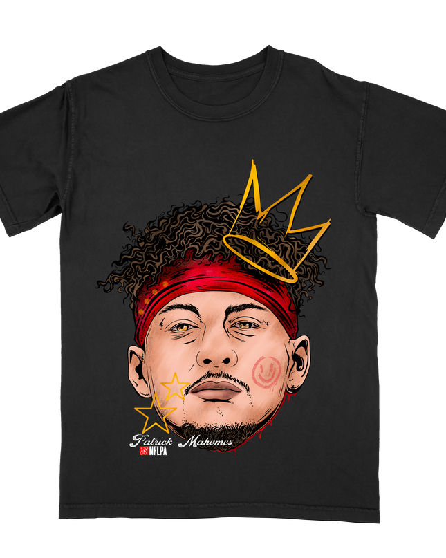 Patrick Mahomes Fat Head graphic tee by Planet Euphoria in black, front view.