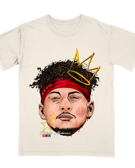Patrick Mahomes KC Fat Head King NFL player graphic t-shirt by Planet Euphoria in off-white, front view.