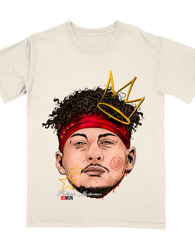 Patrick Mahomes KC Fat Head King NFL player graphic t-shirt by Planet Euphoria in off-white, front view.
