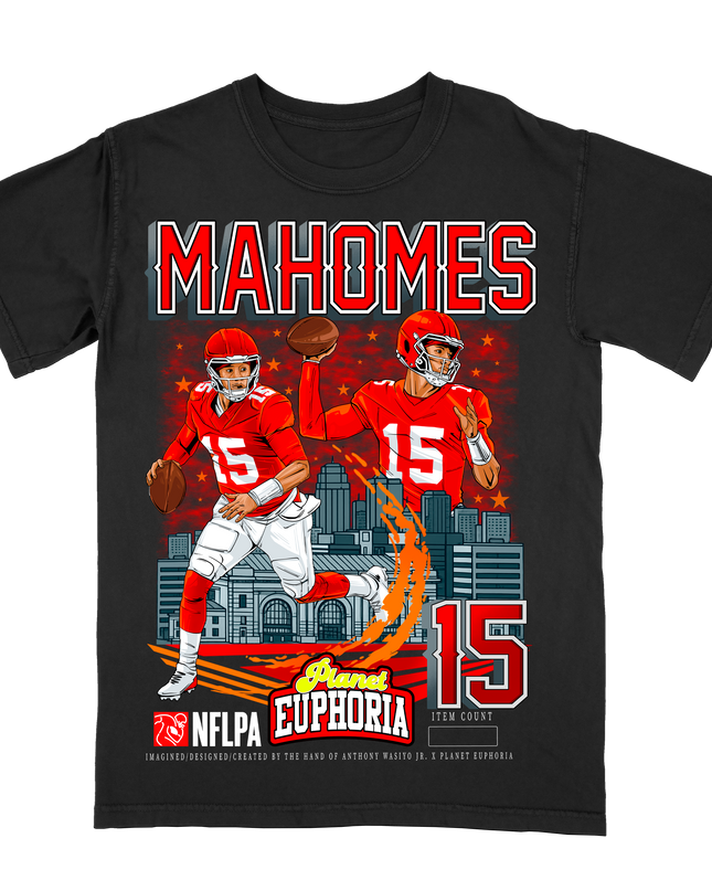 Patrick Mahomes Kansas City NFL graphic tee by Planet Euphoria in black, front view.