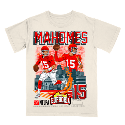 Patrick Mahomes Kansas City NFL graphic tee by Planet Euphoria in off-white, front view.