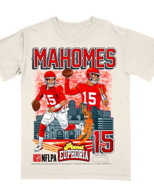 Patrick Mahomes Kansas City NFL graphic tee by Planet Euphoria in off-white, front view.