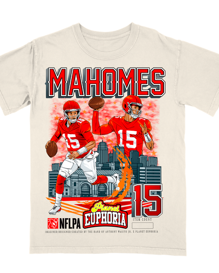 Patrick Mahomes Kansas City NFL graphic tee version 3 by Planet Euphoria in off-white, front view.