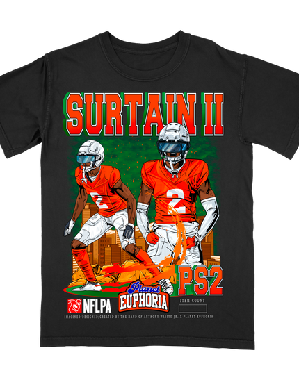 Patrick Surtain II Denver NFLPA graphic tee V2 by Planet Euphoria in black, front view.