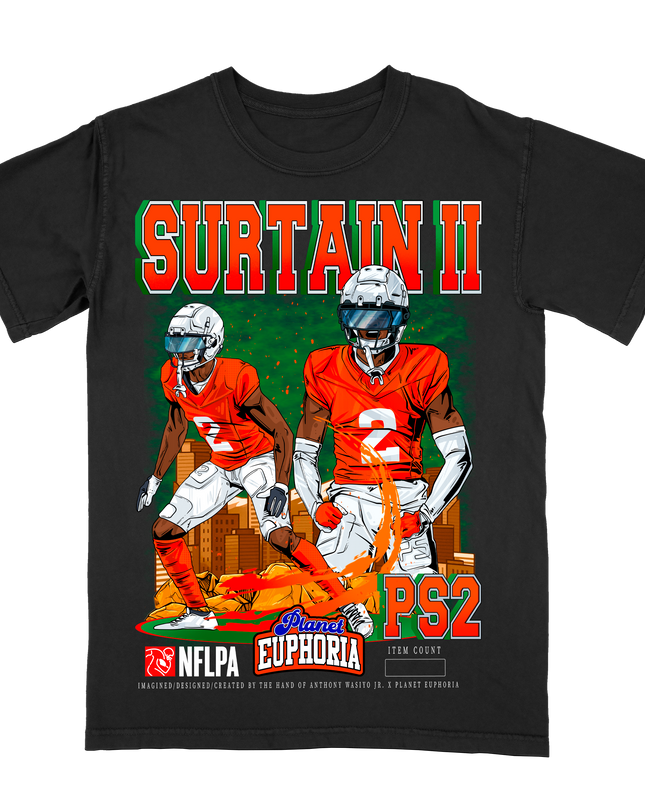 Patrick Surtain II Denver NFLPA graphic tee V2 by Planet Euphoria in black, front view.