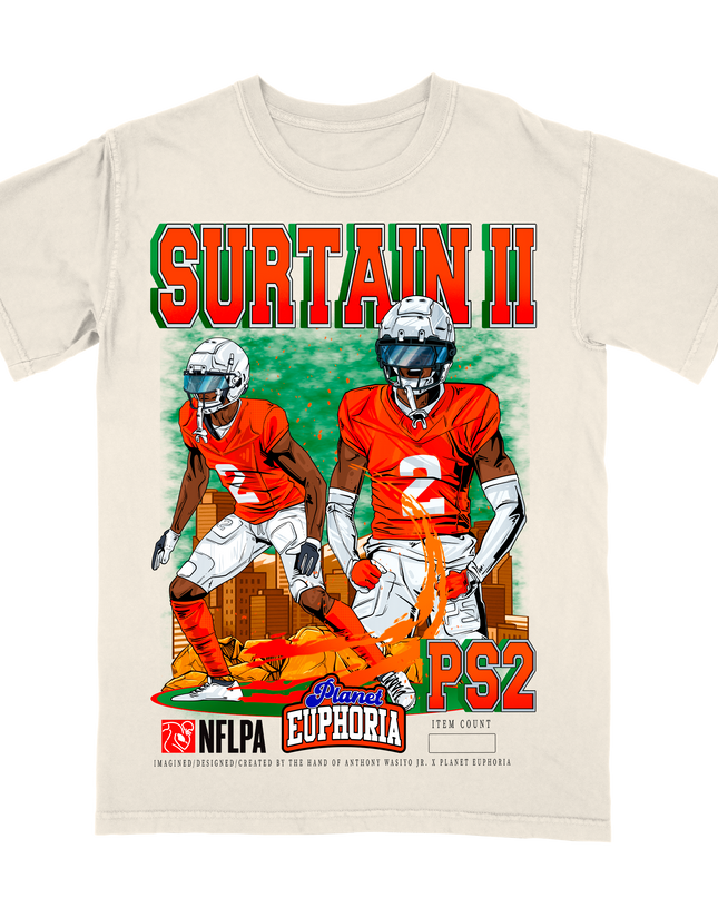 Patrick Surtain II Denver NFL Player graphic tee V2 by Planet Euphoria in off-white, front view.