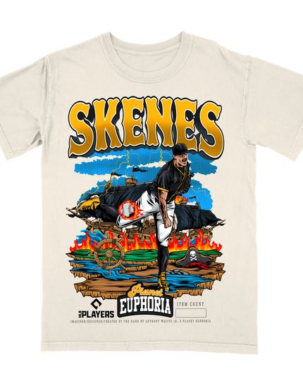 Paul Skenes Pirates Pitcher artistic graphic tee by Planet Euphoria in off-white, front view.