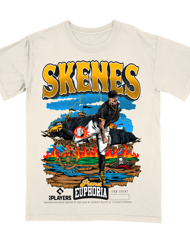 Paul Skenes Pirates Pitcher artistic graphic tee by Planet Euphoria in off-white, front view.