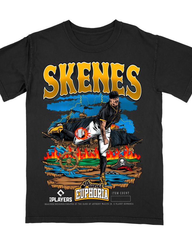 Paul Skenes Pirates Pitcher artist graphic tee by Planet Euphoria in black, front view.