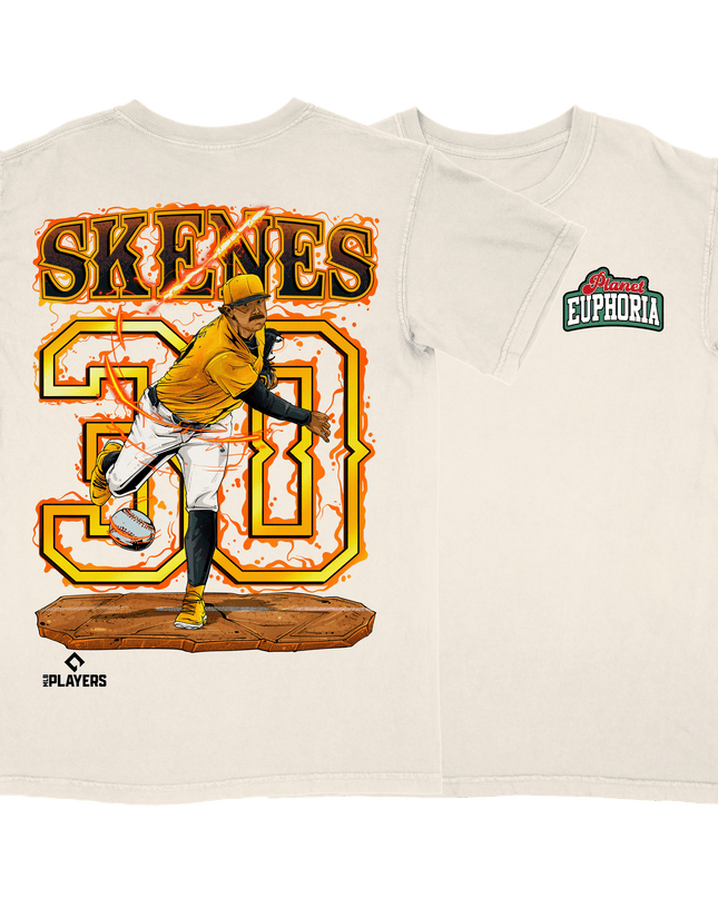 Paul Skenes San Diego Padres graphic tee V3 by Planet Euphoria in off-white, front and back view.