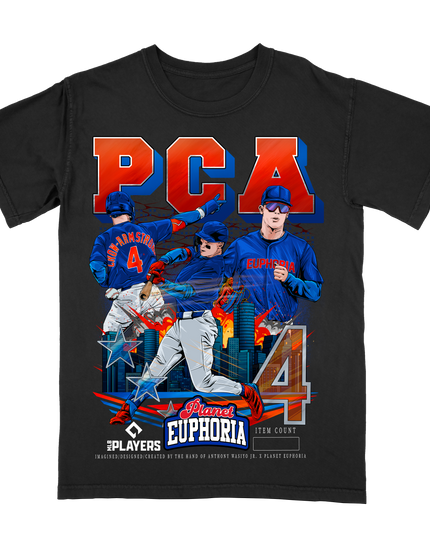 PCA #4 Pete Crow-Armstrong baseball graphic tee by Planet Euphoria in black, front view.