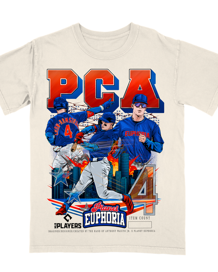 PCA Pete Crow-Armstrong MLBPA Chicago baseball graphic tee by Planet Euphoria in off-white, front view.