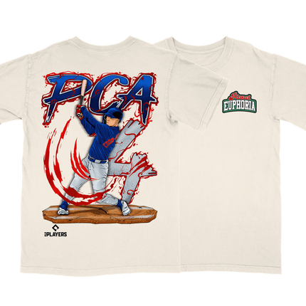 PCA Pete Crow-Armstrong baseball graphic tee by Planet Euphoria in off-white, front and back view.