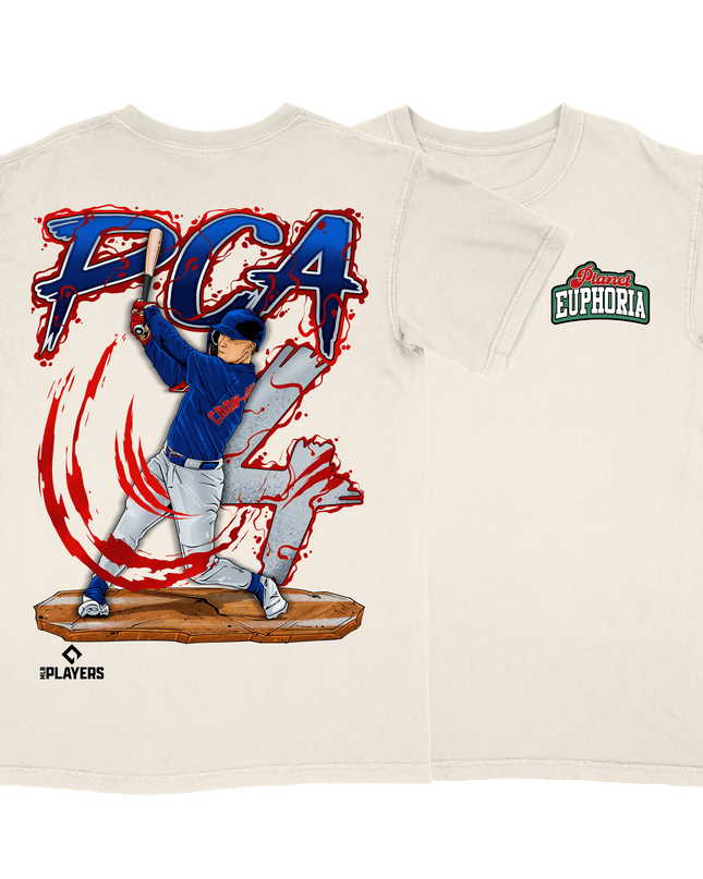 PCA Pete Crow-Armstrong baseball graphic tee by Planet Euphoria in off-white, front and back view.