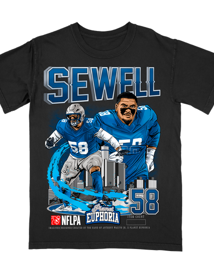 Penei Sewell Detroit Lions football player graphic tee by Planet Euphoria in black, front view.