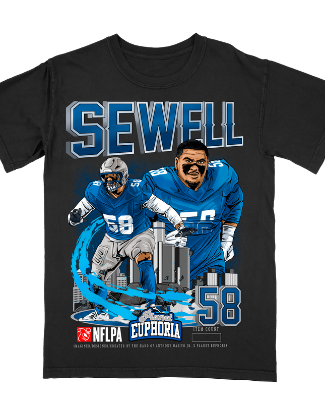 Penei Sewell Detroit Lions football player graphic tee by Planet Euphoria in black, front view.