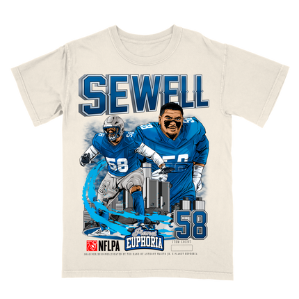 Penei Sewell Detroit Lions football player graphic tee by Planet Euphoria in off-white, front view.