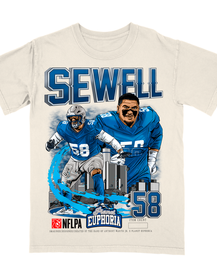 Penei Sewell Detroit Lions football player graphic tee by Planet Euphoria in off-white, front view.