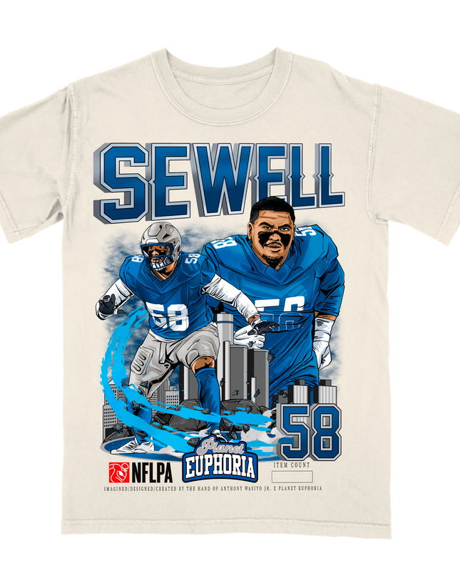 Penei Sewell Detroit Lions football player graphic tee by Planet Euphoria in off-white, front view.