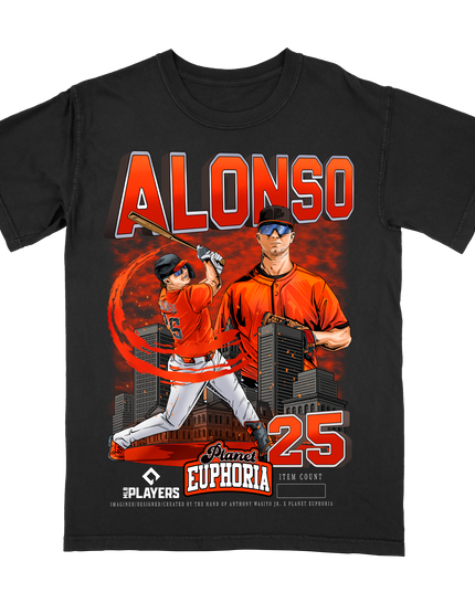 Pete Alonso Baltimore MLBPA graphic tee by Planet Euphoria in black, front view.