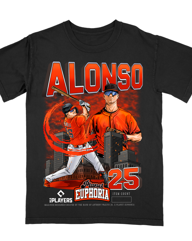 Pete Alonso Baltimore MLBPA graphic tee by Planet Euphoria in black, front view.