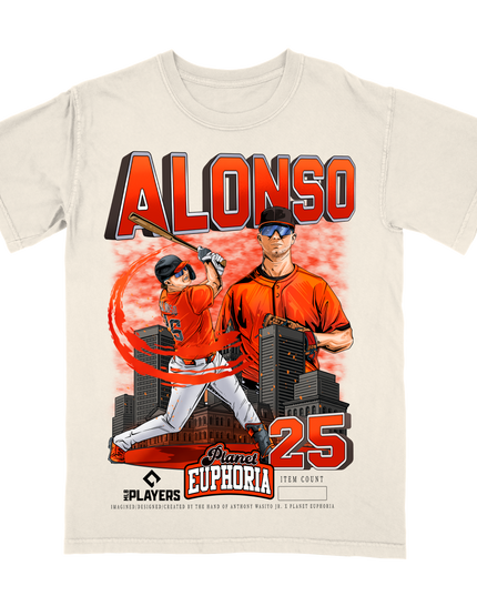 Pete Alonso Baltimore MLBPA graphic tee by Planet Euphoria in off-white, front view.