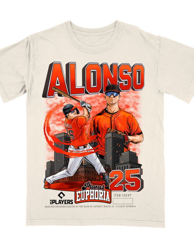 Pete Alonso Baltimore MLBPA graphic tee by Planet Euphoria in off-white, front view.