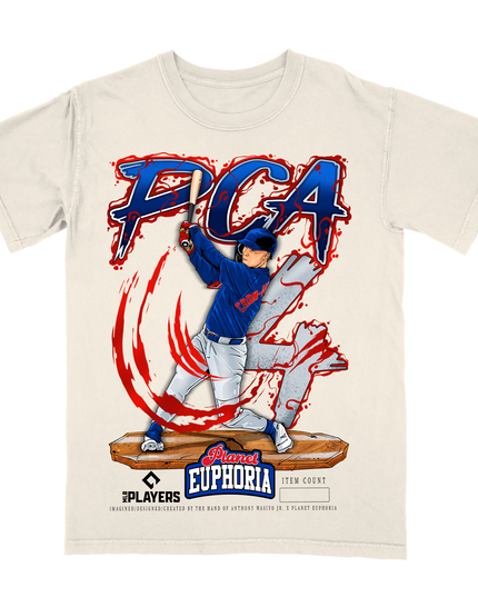 PCA Pete Crow-Armstrong MLB player graphic tee by Planet Euphoria in off-white, front view.
