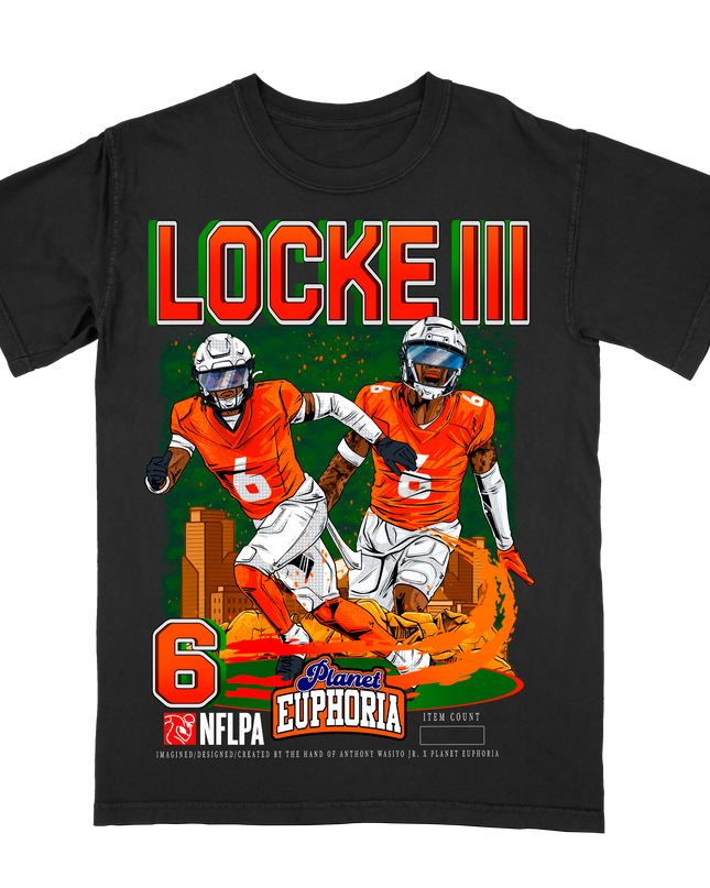 PJ Locke III Denver NFL Player graphic tee by Planet Euphoria in black, front view.