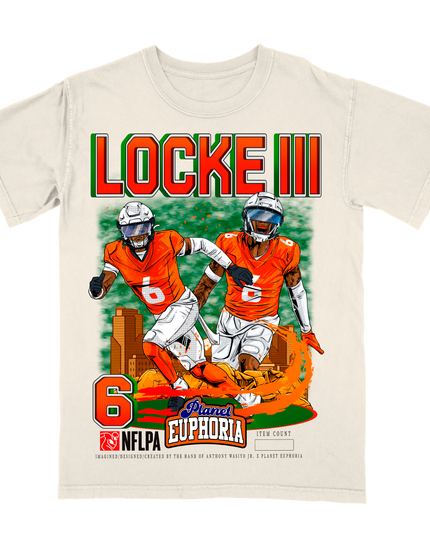 PJ Locke III Denver NFL Player graphic tee by Planet Euphoria in off-white, front view.