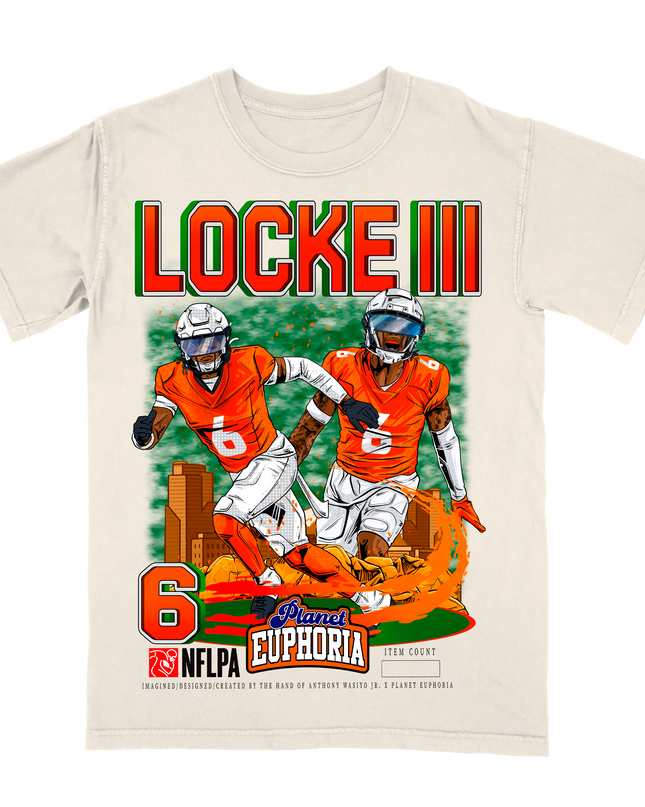 PJ Locke III Denver NFL Player graphic tee by Planet Euphoria in off-white, front view.