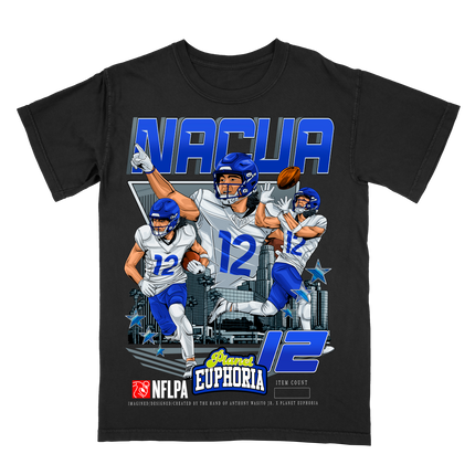 Puka Nacua LA Rams graphic player t-shirt by Planet Euphoria in black, front view.