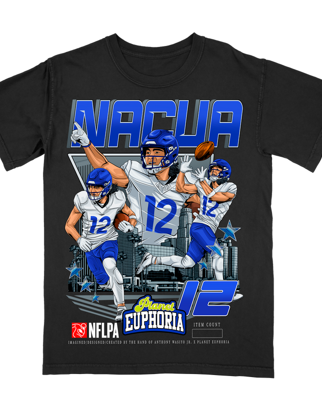 Puka Nacua LA Rams graphic player t-shirt by Planet Euphoria in black, front view.