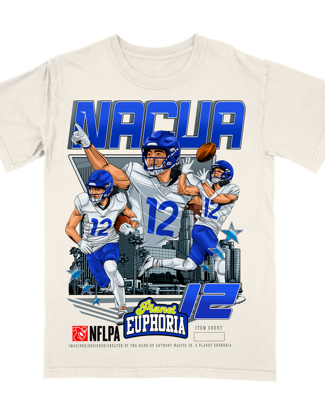 Puka Nacua LA Rams graphic player t-shirt by Planet Euphoria in off-white, front view.