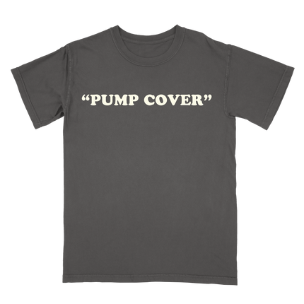 Pump Cover in quotes print t-shirt by Planet Euphoria in black, front view.