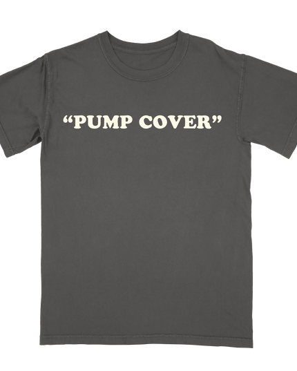 Pump Cover in quotes print t-shirt by Planet Euphoria in black, front view.