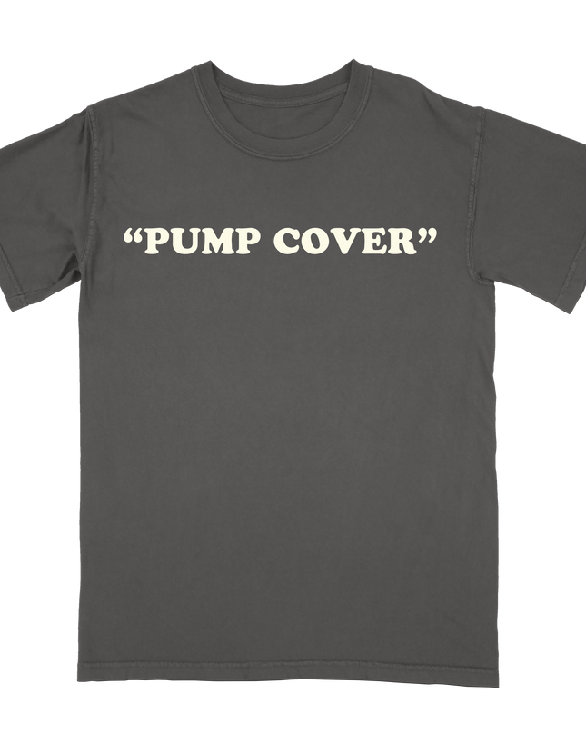 Pump Cover in quotes print t-shirt by Planet Euphoria in black, front view.
