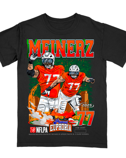 Quinn Meinerz Denver NFL Player graphic tee by Planet Euphoria in black, front view.