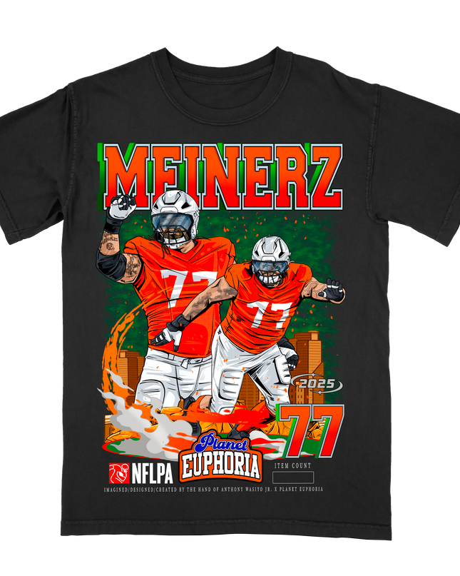 Quinn Meinerz Denver NFL Player graphic tee by Planet Euphoria in black, front view.