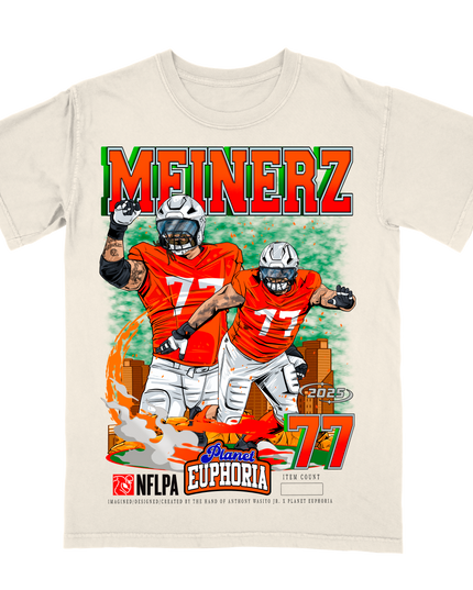 Quinn Meinerz Denver NFL Player graphic tee by Planet Euphoria in off-white, front view.