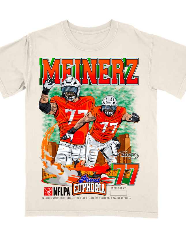Quinn Meinerz Denver NFL Player graphic tee by Planet Euphoria in off-white, front view.