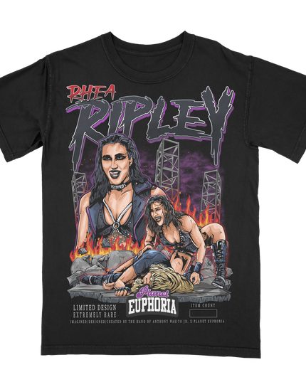 Rhea Ripley WWE wrestling superstar black graphic t-shirt by Planet Euphoria, front view.