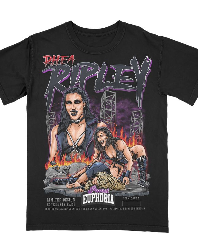 Rhea Ripley WWE wrestling superstar black graphic t-shirt by Planet Euphoria, front view.