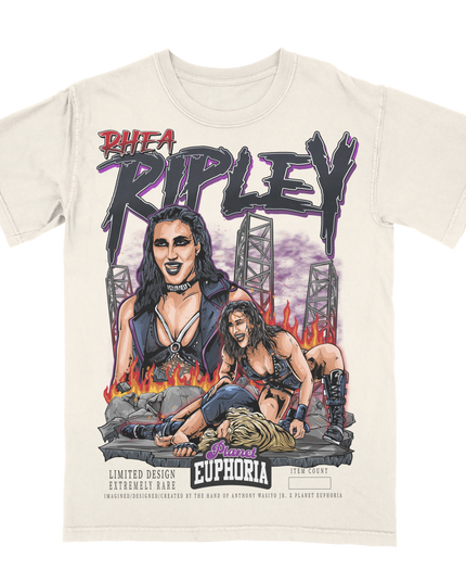 Rhea Ripley WWE wrestling superstar  graphic t-shirt by Planet Euphoria in off-white, front view.