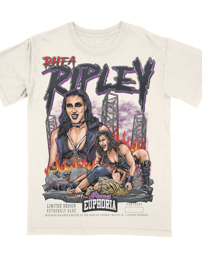 Rhea Ripley WWE wrestling superstar  graphic t-shirt by Planet Euphoria in off-white, front view.