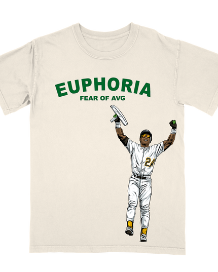 Ricky Henderson 'Fear of Average' stolen base record pose graphic T-shirt by Planet Euphoria in off-white, front view.